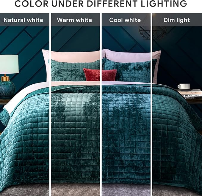 RECYCO Luxury Velvet Quilt Set Full Queen Size, Lightweight Velvet Comforter Set, Oversized Bedspread Coverlet Quilted Bedding Set, with 2 Matching Pillow Shams, for All Season, Teal