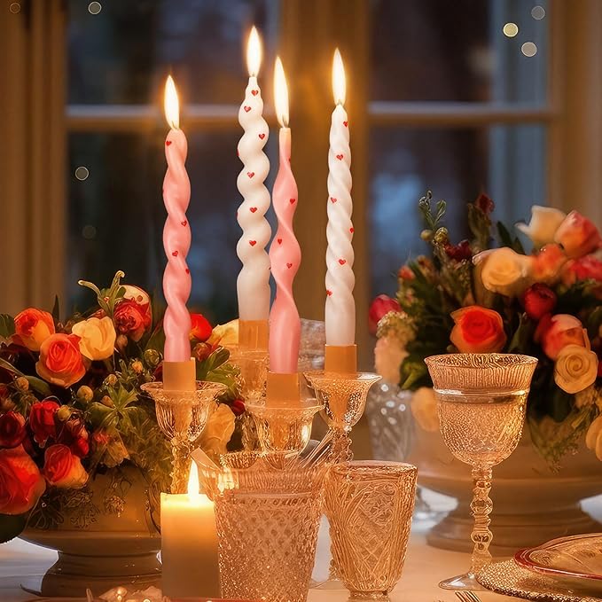 Nuanchu 4 Pcs 7.87 Inch Twisted Taper Candles Wax Unscented Smokeless Spiral Swirl Candlesticks for Wedding Holiday Dinner Party Home Decorations (Pink White,Heart)