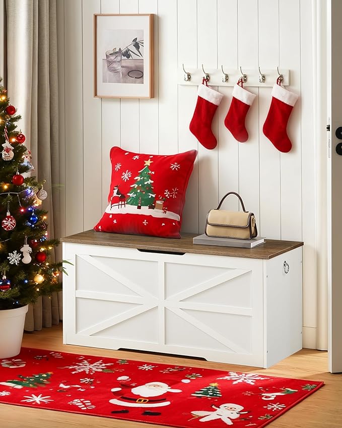 Storage Chest, 39.4" Wooden Storage Trunk, Modern Storage Bench with Safety Hinge, Toy Box, Farmhouse Style, for Bedroom, Living Room, Walnut and White MCW10WL