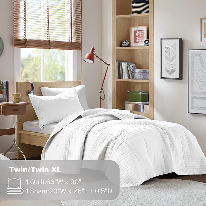 Comfort Spaces Kienna Quilt Set- Double Sided Stitching Design Summer Blanket, Lightweight, Soft, All Season Bedding Layer, Matching Sham, White, Coverlet Twin/Twin XL(66"x90") 2 Piece