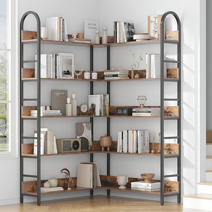 Semoic 5 Tiers Tall Corner Bookshelf, Large Heavy Duty Industrial Corner Bookcase with Metal Frame, L Shaped Bookshelves and Bookcases Etagere Bookcase Display Storage Shelves for Living Room, Brown