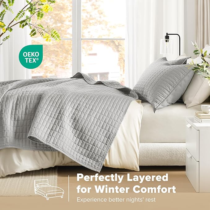 Comfort Spaces Kienna Quilt Set- Double Sided Stitching Design Summer Blanket, Lightweight, Soft, All Season Bedding Layer, Matching Sham, Grey, Coverlet Full/Queen(90"x90") 3 Piece