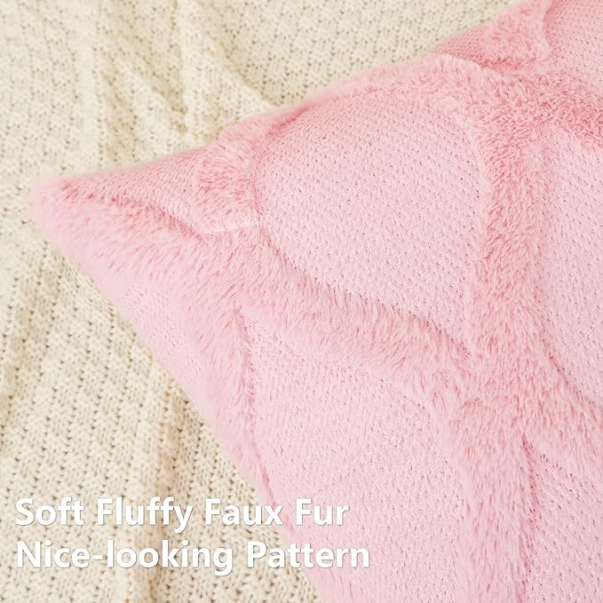 decorUhome Spring Euro Sham Throw Pillow Covers 24x24 Inch Set of 2, Soft Plush Faux Fur Wool Light Pink Couch Pillow Covers, Decorative Neutral Pillow Cases for Bed Sofa Living Room Valentines Decor