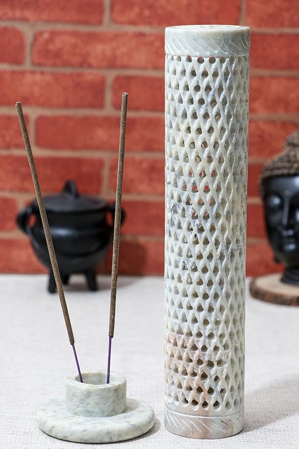 Crocon Handmade Blue Marble Soapstone Incense Stick Round Shape Elephant & Leaf Design Tower Burner | Tea Light Candle Holder | Decorative Home & Kitchen Best Gift Size - (2.7x2.7x10 Inch)