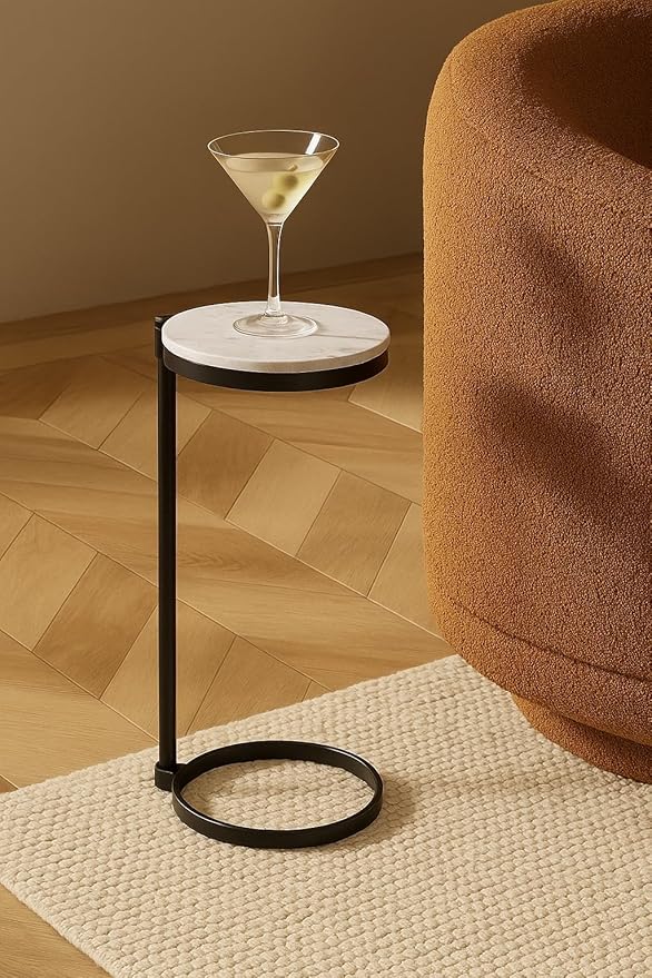 TEHOME Gold Glass Drink Table Metal Martini Round Small Drink Side Table for Couch Tempered Glass C Shaped End Table for Sofa 10" diam,24.55" h