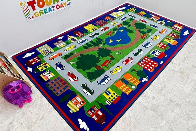KIDCARPET.COM Around Town Play Mat Rug | Interactive Activity Carpet for Preschool Playroom Toy Car Track, 4' x 6'
