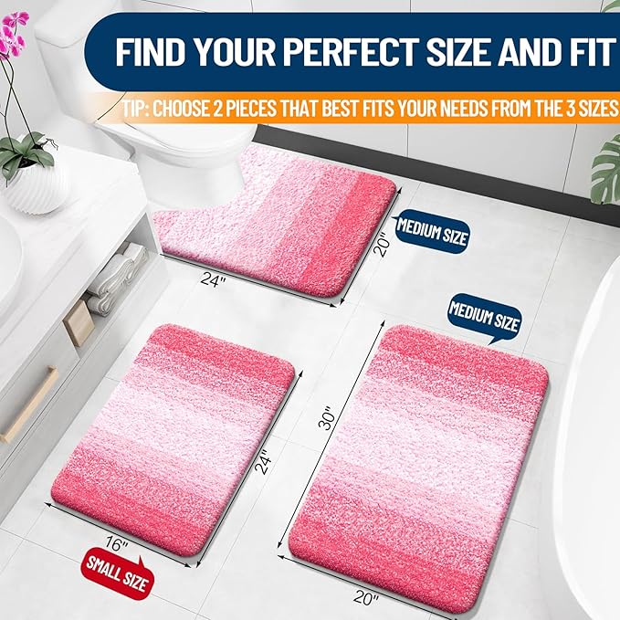 OLANLY Bathroom Rug Set 2 Piece, Soft Absorbent Microfiber Bath Mats and U-Shaped Contour Toilet Rug, Non-Slip, Machine Wash Dry, Plush Shaggy Bath Mats for Bathroom (30"x20"+24"x20", Pink)
