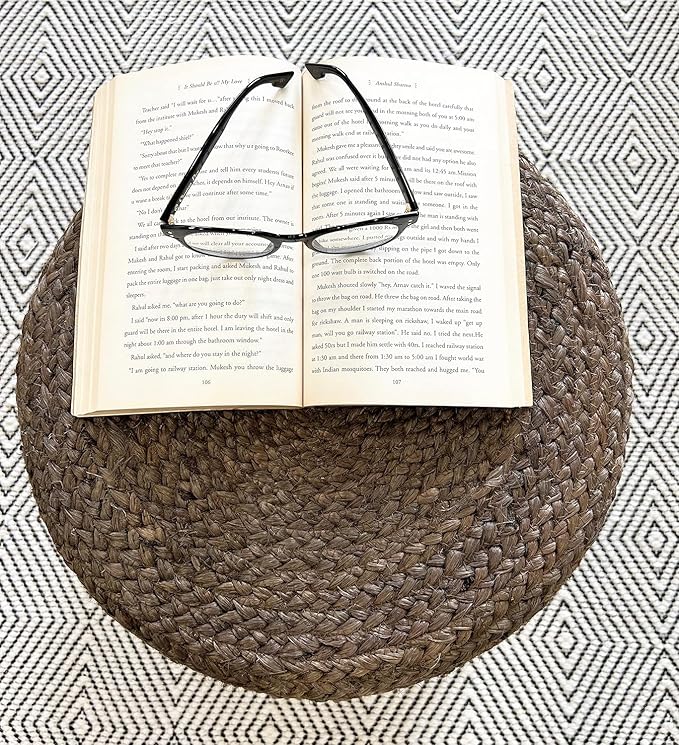 S & L Homes Pouf Ottoman - 100% Jute Braided Footrest Pouf Hand Knitted Traditional Cord Boho Pouffe for Living Room, Bedroom, Nursery, Patio, Lounge Colorblock - Natural Brown (18”x18”x12”)
