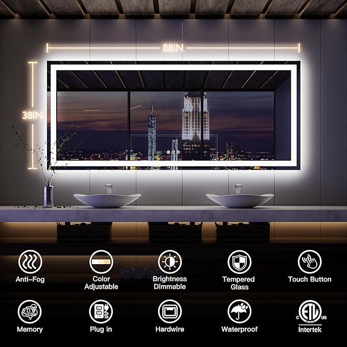 ISKM 88'' x 38'' LED Mirror for Bathroom Lighted Vanity Mirror for Wall Front Lights + Backlit LED Bathroom Mirror Anti-Fog Tempered Glass ETL Listed