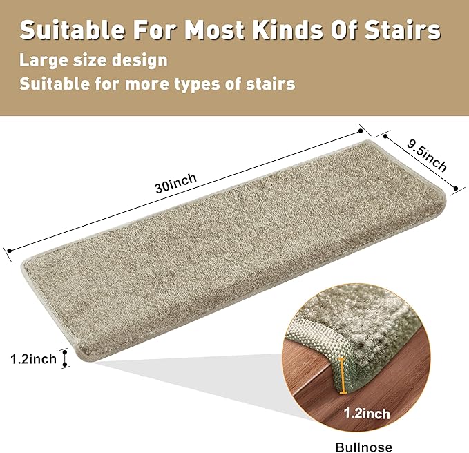 PURE ERA Bullnose Carpet Stair Treads Set Tape Free Non-Slip Indoor Stair Protectors Pet Friendly Rugs Covers Soft Skid Resistant Washable Reusable 9.5" x 30"(14 Pieces,Cream Gray)
