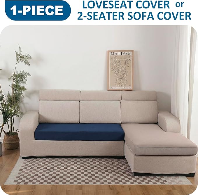 100% Waterproof Couch Cushion Covers Sofa Seat Cover, Stretch Loveseat Covers for Dogs, Reversible Sofa Protector Covers for Kids Pets with Elastic Bottom, Washable(Loveseat Cushion, Navy)