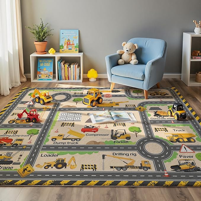Construction Site Play Rug for Kids - Interactive Engineering Vehicles Faux Wool Carpet with Excavator & Digger Design, Non-Slip Educational Mat for Playroom, Bedroom Gifts (Boys & Girls)