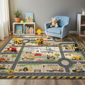 Construction Site Play Rug for Kids - Interactive Engineering Vehicles Faux Wool Carpet with Excavator & Digger Design, Non-Slip Educational Mat for Playroom, Bedroom Gifts (Boys & Girls)