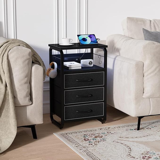 Bed Side Table with 3 Fabric Drawers, Black Night Stand, LED Nightstand with Hooks, Bedside Table with Charging Station, End Table with Storage, Night Table for Living Room, Bedroom, Dorm