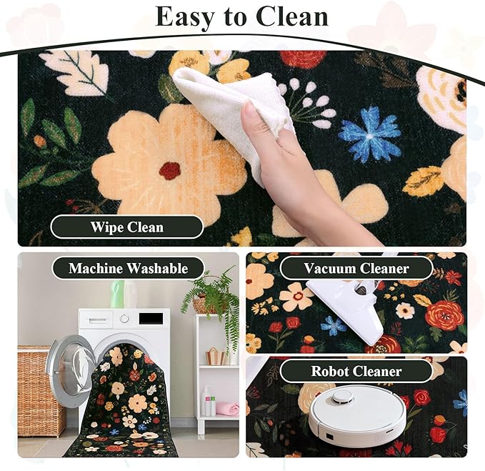 U'Artlines Indoor Door Mat Entrance Rug 2'x3'Soft Non Slip Machine Washable Floral Small Area Rug Carpet for Entryway Kitchen Bathroom Bedroom Black Green