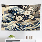 Ambesonne Anime Tapestry, Ukiyo-e Style Cultural Art Design with Squama Scales Waves Cherry Blossoms, Fabric Wall Hanging Decor for Bedroom Living Room Dorm, 45" X 30", Taupe Beige Dark Blue