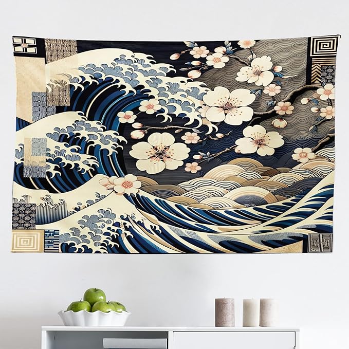 Ambesonne Anime Tapestry, Ukiyo-e Style Cultural Art Design with Squama Scales Waves Cherry Blossoms, Fabric Wall Hanging Decor for Bedroom Living Room Dorm, 45" X 30", Taupe Beige Dark Blue
