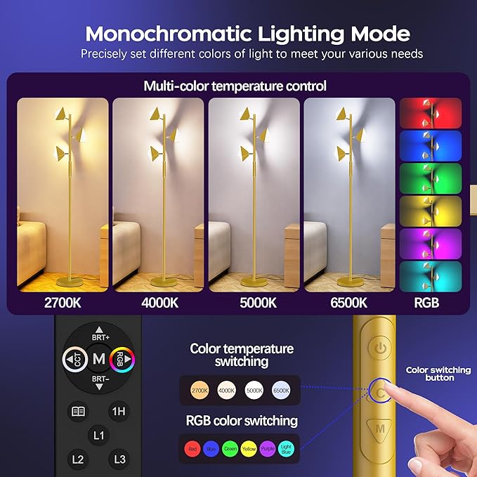 36W RGBCW Floor Lamp, Color Changing LED Tree Floor Lamp, Stepless Dimmable Tall Standing Lamp with Remote & Touch Control, 2700K-6500K Modern Floor Lamps for Living Room, Bedroom, Gaming Room - Gold