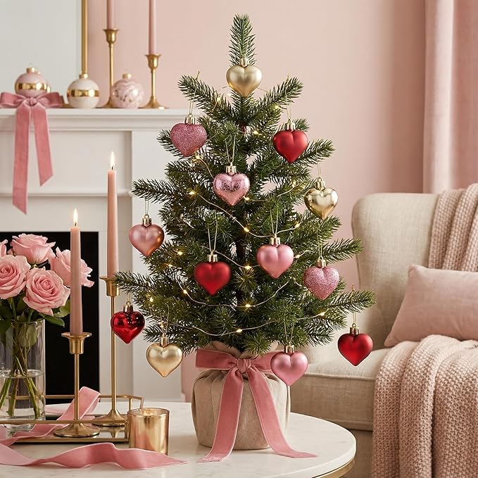 Valery Madelyn Romantic Heart Shaped Ornaments- Valentine's Day Decor Gift Set of 16 Red Pink Gold Shatterproof Hanging Tree Baubles for Christmas, Wedding, Anniversary, Party & Home Decor