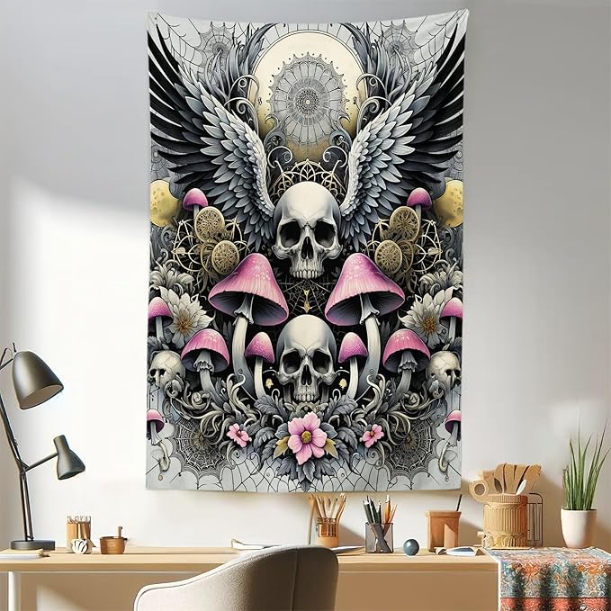 Ambesonne Gothic Tapestry, Blushy Mushrooms and Wingy Skull with Lace and Cactus Flowers Art Boho, Fabric Wall Hanging Decor for Bedroom Living Room Dorm, 30" X 45", Pink Grey Yellow Mustard