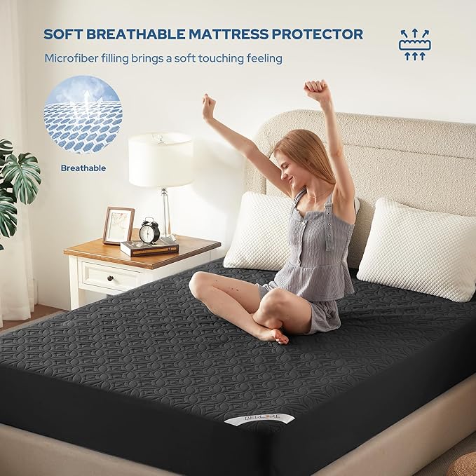 BEDLORE Waterproof Mattress Protector, Twin Size Mattress Pad with Deep Pocket 6"-15" Depth, Soft Breathable Dirt-Proof Single Bed Mattress Cover for Bedroom, Dorm Room (Black)