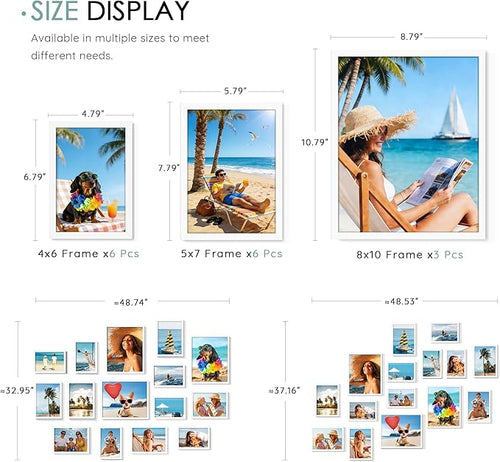 15 Pack Picture Frames Collage Wall Decor, White Frame Set with 3pcs 8x10, 6pcs 5x7, 6pcs 4x6 for Gallery Display, Wall Mounting & Tabletop, Bulk Photo Frames for Living Room Decor
