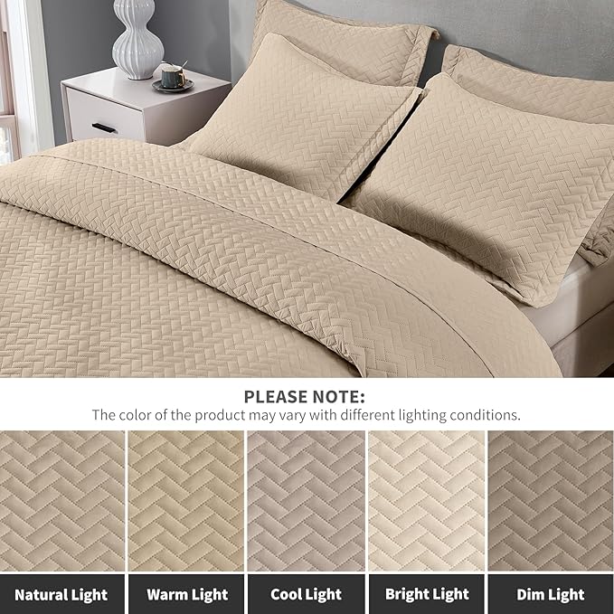 Maple&Stone Quilt Set King Size, Lightweight Beige Bedspread Ultrasonic Chevron Pattern Light Coverlet for All Season Comforter Bedding Decor - 3 Piece King Bed Cover Sets