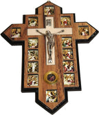 Holy Land Market Three Layers Olive Wood Crucifix - 14 Stations icons of the Cross, Handcrafted Holy Land Wall Cross, 7x5.5 in
