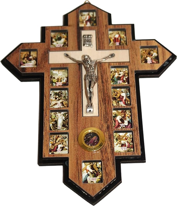 Holy Land Market Three Layers Olive Wood Crucifix - 14 Stations icons of the Cross, Handcrafted Holy Land Wall Cross, 7x5.5 in