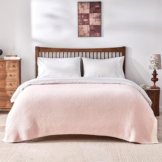 CozeCube Super Soft Fullfy Microfiber Reversible Knitted Blankets, Warm Cozy Fuzzy Plush Throw, Pink and White Melange Throw Blanket for Couch Bed Sofa, 60" x 80"