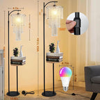 Arc Floor Lamp with Table and Shelves,Crystal Floor Lamps for Living Room,Dimmable Elegant Modern LED Floor Standing Lamp with Remote Control & 10 Colors,Black Adjustable Tall Lamp For Bedroom Corner