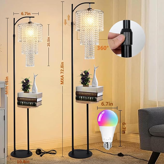 Arc Floor Lamp with Table and Shelves,Crystal Floor Lamps for Living Room,Dimmable Elegant Modern LED Floor Standing Lamp with Remote Control & 10 Colors,Black Adjustable Tall Lamp For Bedroom Corner