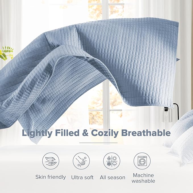 Comfort Spaces Blue Oversized King Quilt Set 120"x118" Bedspread Quilted Summer Lightweight Microfiber Bedding Coverlet with Double Sided Stitching Soft All Season Cozy 3 Piece with Matching Shams