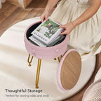 VECELO Round Vevlet Vanity Stool with Storage, 4 Metal Legs Vanity Seat with Anti-Slip Feet, Modern Vanity Chairs Footrest Furry Padded Seat, Space Saving, Easy to Clean for Makeup, Bedroom, Pink