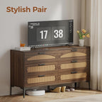 Mericonia 6 Drawer Double Dresser for Bedroom, Wood Rattan Dresser for Closet with Metal Legs, Boho TV Stand with Drawers, Dressers & Chests of Drawers for Bedroom, Hallway and Entryway, Walnut