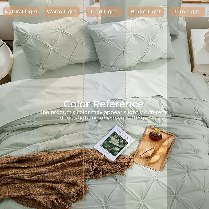 Sasttie Full Size Comforter Set, 7-Piece Bed in a Bag Double, Pintuck Bedding Set for All Season, Includes Comforter, Flat Sheet, Fitted Sheet, Pillowcases and Pillowshams, Sage Grey