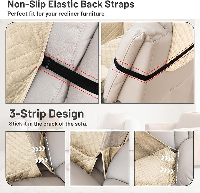 Reclining Sectional Couch Covers 100% Waterproof Velvet L Shape Recliner Couch Covers for Dogs Pets Washable Anti Slip Recliner Slipcovers with Pockets (5 Seat Sofa, Beige)