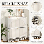 Shoe Storage Cabinet for Entryway with 2 Flip Drawers, Narrow Wood Shoe Cabinet with Fluted Panel, Freestanding Hidden Shoe Organizer for Foyer, Hallway (White - with Shelf)