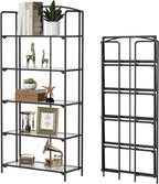 Crofy No Assembly Folding Bookshelf for Living Room, 5 Tier Black Collapsible Book Shelf for Home Office, Portable Bookcase Storage Organizer