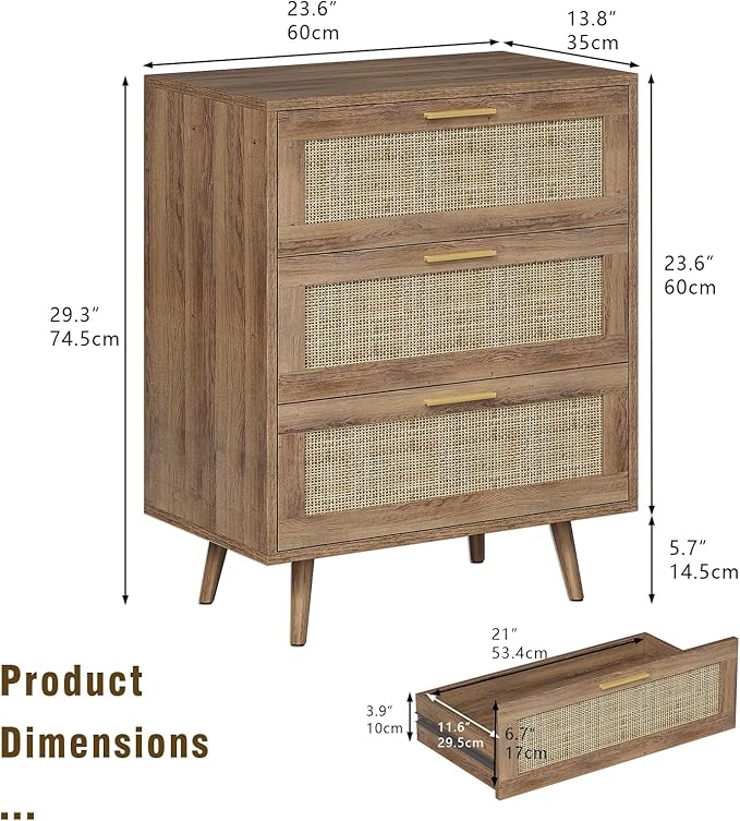 3 Drawer Dresser for Bedroom Rattan Dresser Chest of Drawers with Spacious Storage Boho Clothes Storage Nightstand for Living Room