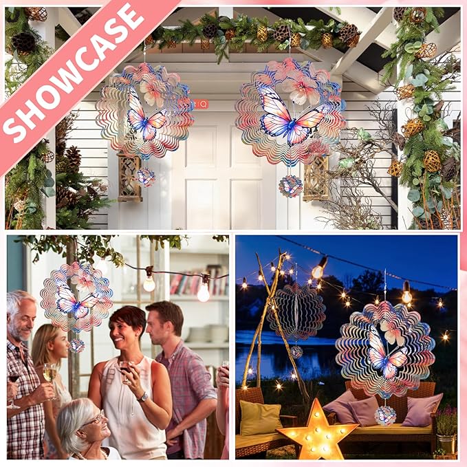 3D Butterfly Wind Spinner for Outdoor Decor, 12 Inch Stainless Steel Metal Wind Sculpture, Weatherproof Garden Art for Yard, Patio, Unique Moving Spinner for Bird Lovers