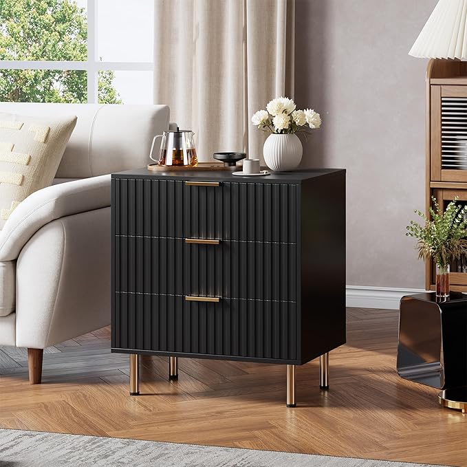 GarveeHome 3 Drawer Dresser for Bedroom, Fluted Modern Nightstand with Deep Drawers, Chest of Drawers with Wide Top, Wooden Dresser Organizer, Side Table for Living Room, Hallway, Kids Room, Black