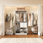 Flrrtenv Organizer with 2 Wooden Drawers and Pull-out Pants Organizer Rod, Walk-in Wood Closet Organizer Wardrobe Clothes Rack with 3 Hanging Rods, Garment Rack, White