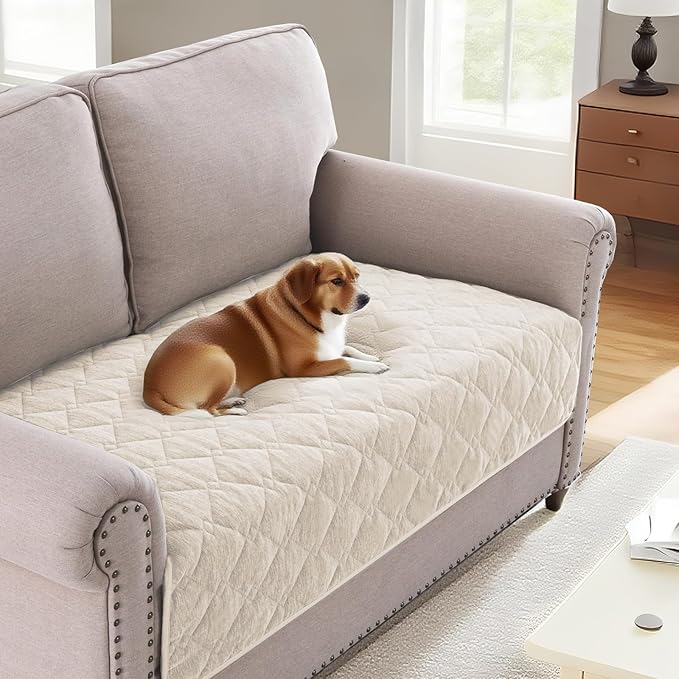 H.VERSAILTEX Couch Cover Chenille Pet Fuzzy Sofa Covers for 2 Cushion Couch Anti Slip Washable Sofa Slipcovers with Strap Soft Couch Protector Cover for Dogs Cats Kids(36" x 63", Ivory)