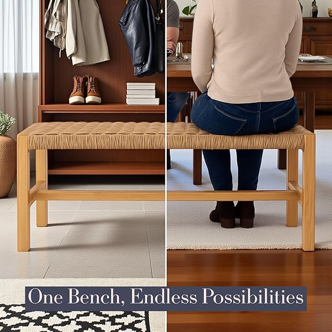 Alaterre Furniture Newport 40 Inch Solid Wood Entryway Bench - Modern Farmhouse Indoor Decorative Bench with Handcrafted Woven Rope Seat - Furniture for Entryway, Dining Room, or Kitchen (Natural)