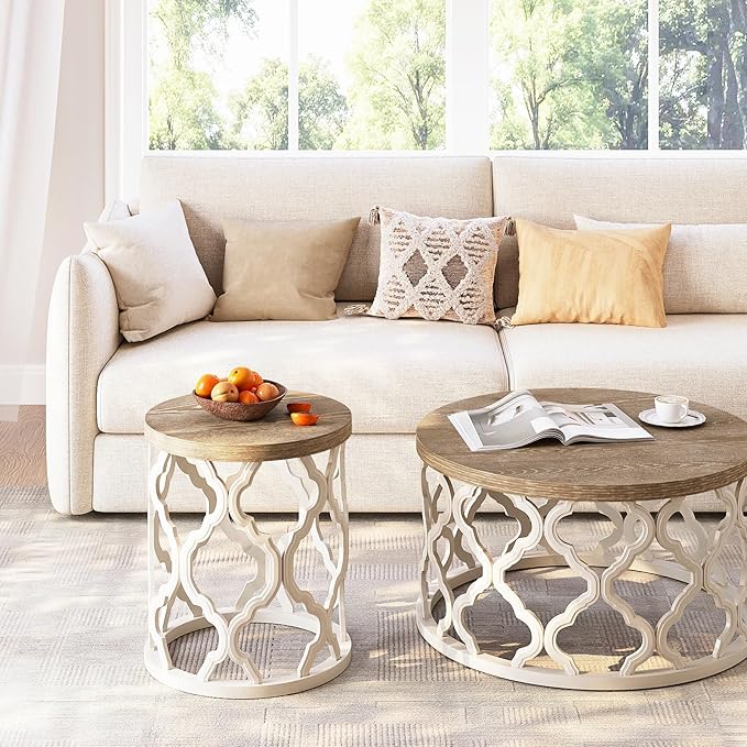karlott Farmhouse End Table, 18.5'' French Country Round Side Table, Distressed Top Side Table with Curved Motif Frame Base for Boho, End Tables Living Room, Bedroom, Small Space, Easy Assembly