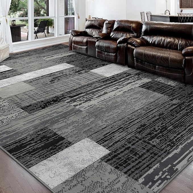 FlyDOIT Modern Geometric Patchwork Area Rug, 4x6 Grey Large Rugs for Living Room, Rockwood Collection Indoor Rugs for Bedroom, Throw Carpet Floor Decor for Entryway Dining Room Office Nursery