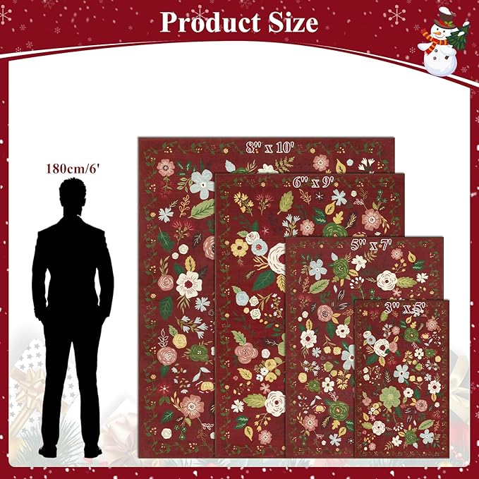U'Artlines 6x9ft Red Christmas Area Rug Floral Rugs for Living Room,Non Slip Washable Rug Indoor Low Pile Floor Red Carpet for Bedroom, Dining Room,Classroom,Farmhouse,Office