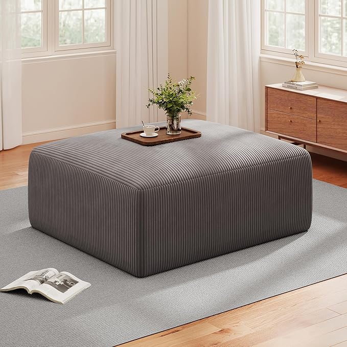 40" Square Stuffed Ottoman Pouf for Sofa Couch, Corduroy Poufs with Foam Chunk Filling, Furry & Fluffy Pouf Foot Stool Movable Ottoman. 40*40 Floor Poufs Foot Rest for Living Room, Grey(1 Piece Set)