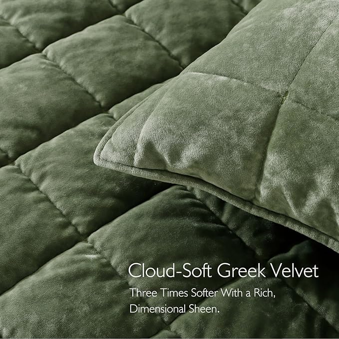 KASENTEX Greek Velvet Queen Quilt Set, 3× Softer Luxe Sheen, 100% Cotton Backing, 150GSM Down-Alternative Fill, Expanded 98×98" Coverage for Fuller Side Drape (1 Quilt + 2 Pillow Shams), Loden Green